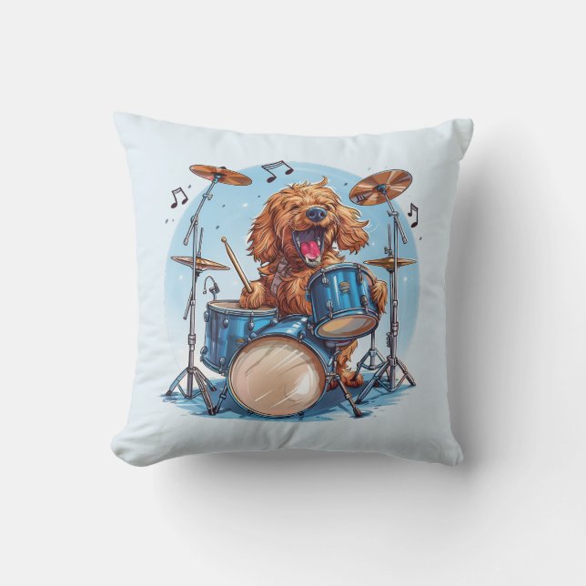 Goldendoodle Dog Playing Drums Throw Pillow (Front)