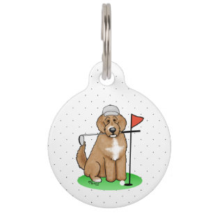 Goldendoodle Dog Playing Golf (red whmk2) Cute Fun Pet Tag