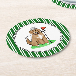 Goldendoodle Dog Playing Golf (red whmk2) Cute Fun Round Paper Coaster