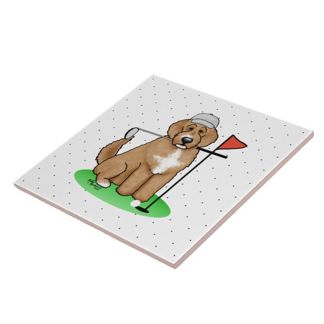 Goldendoodle Dog Playing Golf (red whmk2) Cute Fun Tile (Side)