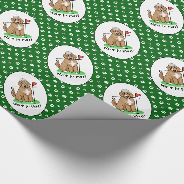 Goldendoodle Dog Playing Golf (red whmk2) Cute Fun Wrapping Paper (Corner)