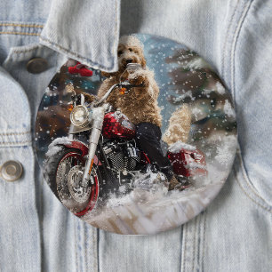 Goldendoodle Dog Riding Motorcycle Christmas  6 Inch Round Button