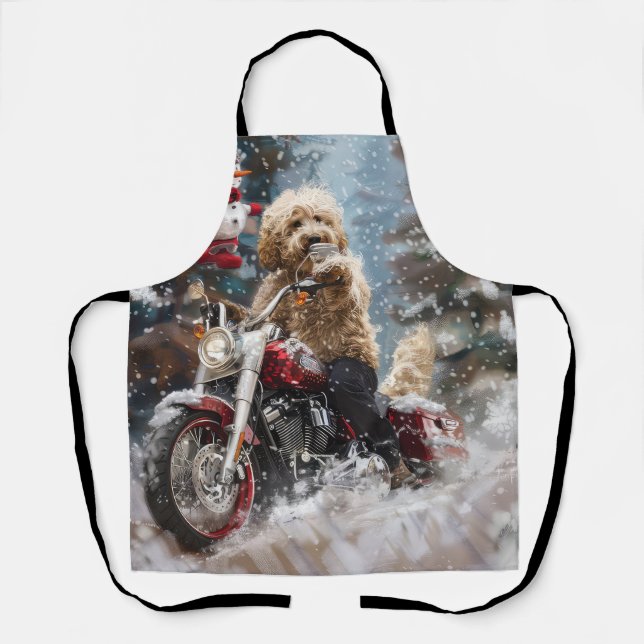 Goldendoodle Dog Riding Motorcycle Christmas  Apron (Front)