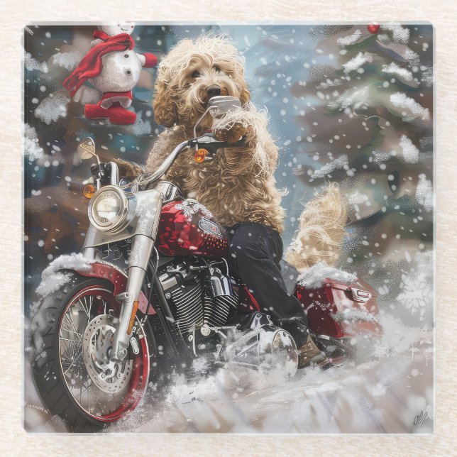 Goldendoodle Dog Riding Motorcycle Christmas  Glass Coaster (Front)