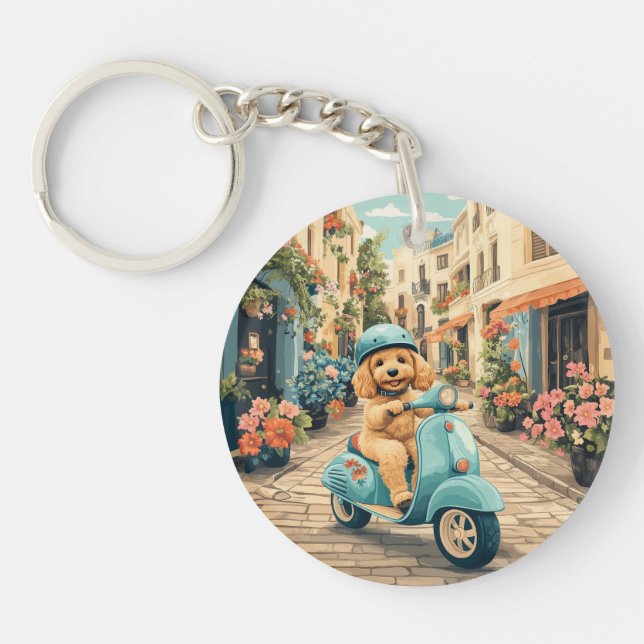 Goldendoodle Dog Riding Scooter European Streets Keychain (Front)
