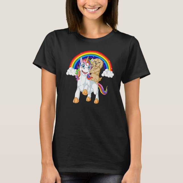 Goldendoodle Dog Riding Unicorn Rainbow Girls & Ki T-Shirt (Front)
