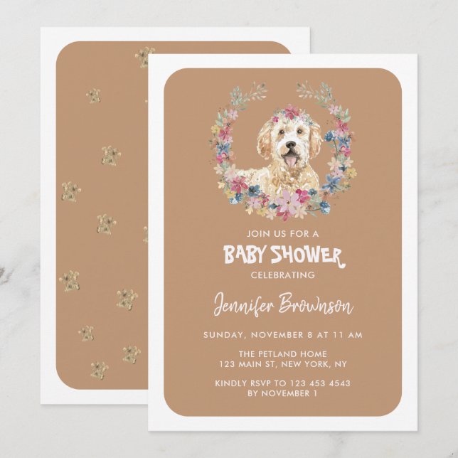 Goldendoodle Dog Rustic Flowers Invitation (Front/Back)