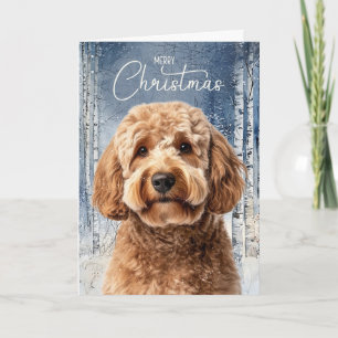 Goldendoodle Dog Snowy Winter Forest Christmas Holiday Card