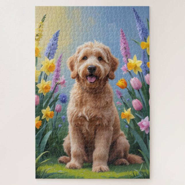 Goldendoodle Dog Spring Flowers Painting Jigsaw Puzzle (Vertical)