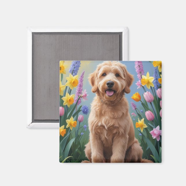 Goldendoodle Dog Spring Flowers Painting Magnet (Front/Back)