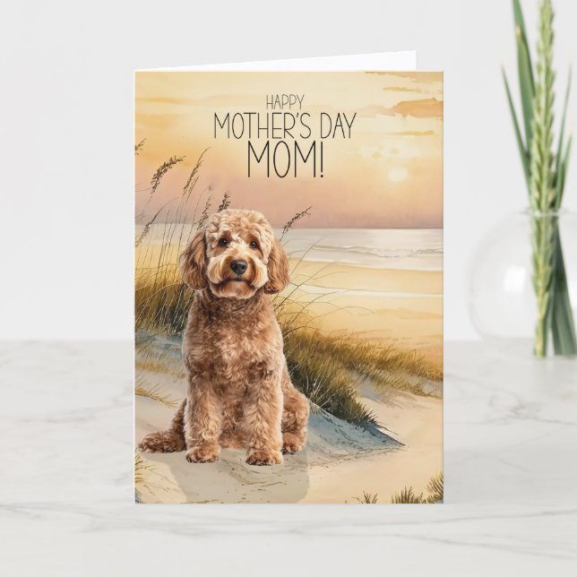 Goldendoodle Dog Sunset Beach Mother's Day Holiday Card (Front)