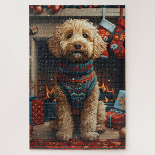 Goldendoodle Dog With Christmas Gifts Fireplace Jigsaw Puzzle