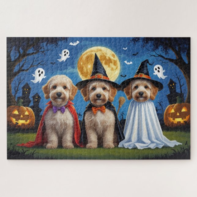 Goldendoodle Dogs Pumpkin Halloween Funny Jigsaw Puzzle (Horizontal)