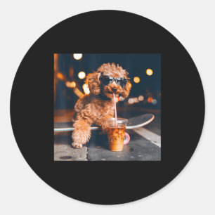 Goldendoodle drinking iced coffee funny animal mem classic round sticker