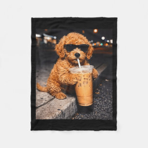 Goldendoodle drinking iced coffee funny animal mem fleece blanket