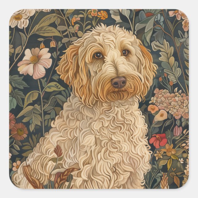 Goldendoodle Garden Tapestry Birthday Party Square Sticker (Front)