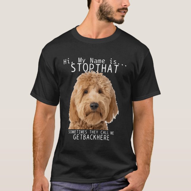 Goldendoodle Hi My Name Is Stop That Funny Dog Doo T-Shirt (Front)