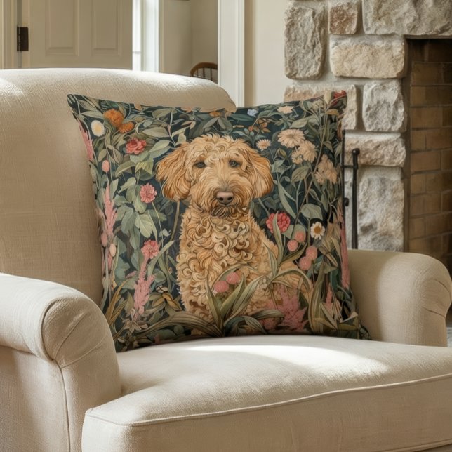 Goldendoodle in a William Morris Style Garden Throw Pillow (Creator Uploaded)
