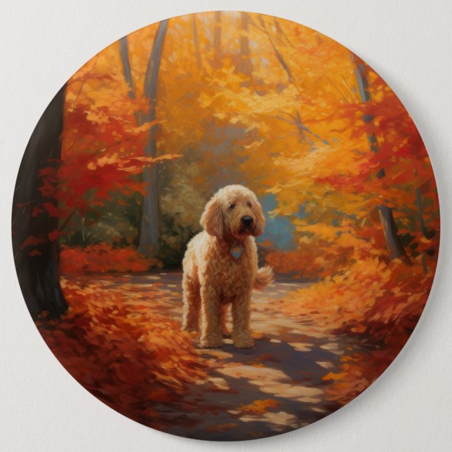 Goldendoodle in Autumn Leaves Fall Inspire  6 Inch Round Button (Front)