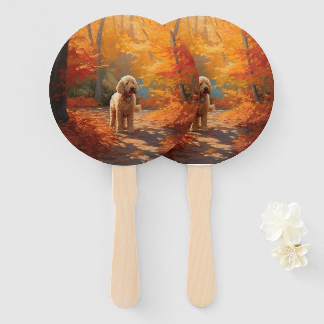 Goldendoodle in Autumn Leaves Fall Inspire  Hand Fan (Front and Back)