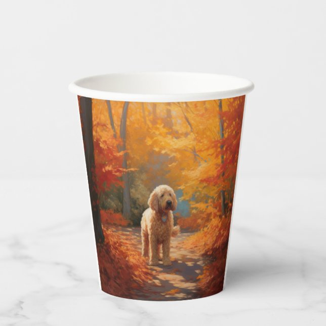 Goldendoodle in Autumn Leaves Fall Inspire  Paper Cups (Front)