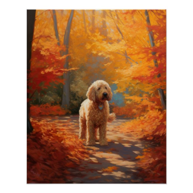 Goldendoodle in Autumn Leaves Fall Inspire  Poster (Front)