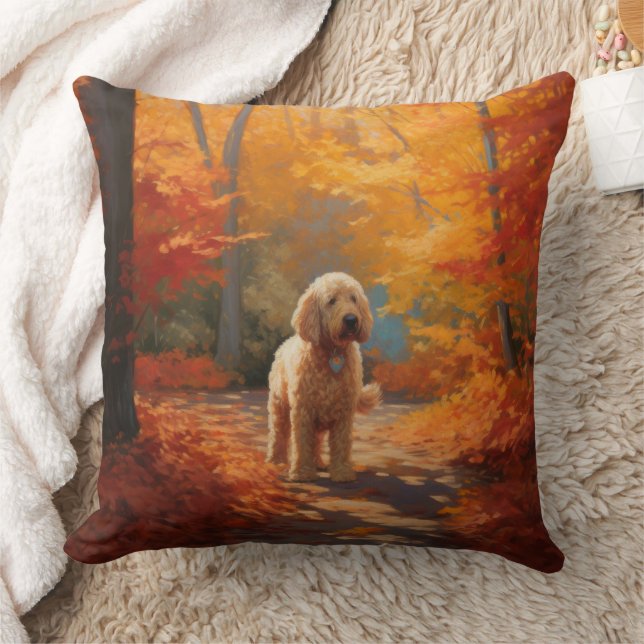 Goldendoodle in Autumn Leaves Fall Inspire  Throw Pillow (Blanket)