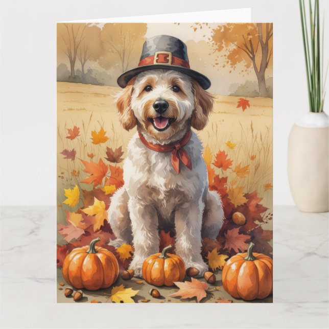 Goldendoodle In Autumn Leaves Thanksgiving Art  Card (Front)