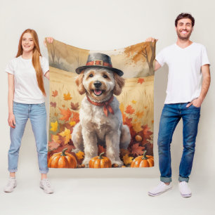Goldendoodle In Autumn Leaves Thanksgiving Art Fleece Blanket