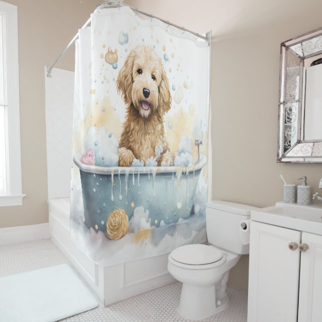 Goldendoodle In Bathtub Watercolor Dog Art (In Situ)