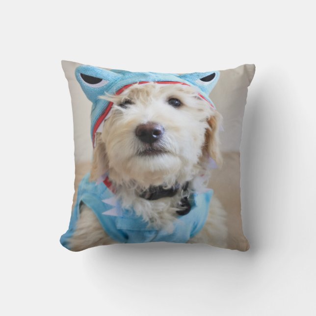 Goldendoodle In Shark Costume Throw Pillow (Front)