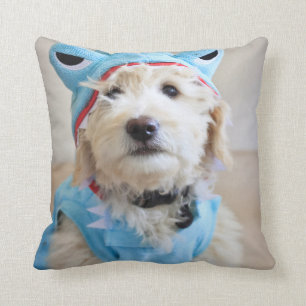 Goldendoodle In Shark Costume Throw Pillow