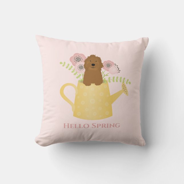 Goldendoodle In Watering Can Throw Pillow (Front)