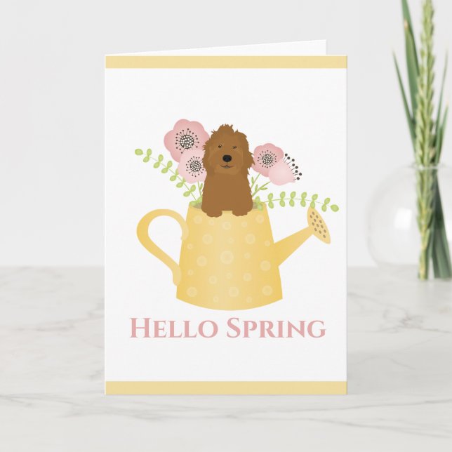 Goldendoodle In Watering Can Yellow Card (Front)
