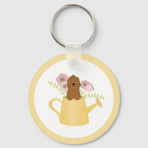 Goldendoodle In Watering Can Yellow Keychain
