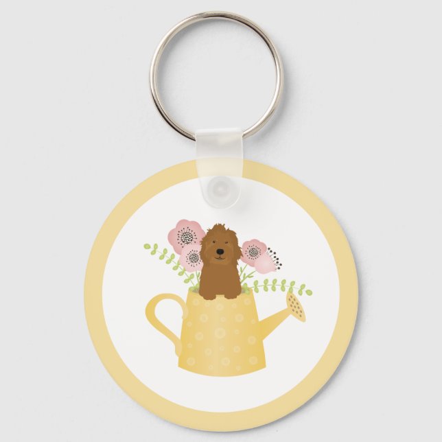 Goldendoodle In Watering Can Yellow Keychain (Front)