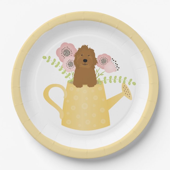 Goldendoodle In Watering Can Yellow Paper Plate (Front)
