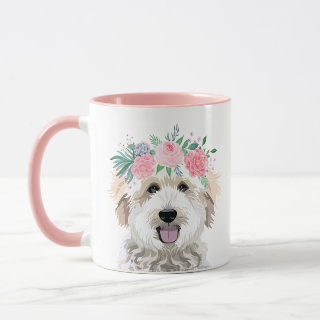 Goldendoodle Mom pink flower portrait Mug (Left)