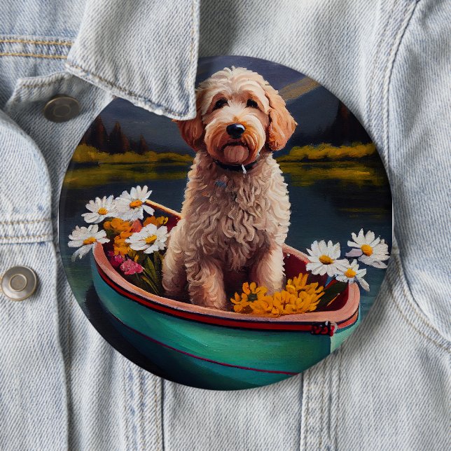 Goldendoodle on a Paddle: A Scenic Adventure 6 Inch Round Button (In Situ)