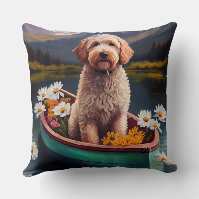 Goldendoodle on a Paddle: A Scenic Adventure  Throw Pillow (Back)