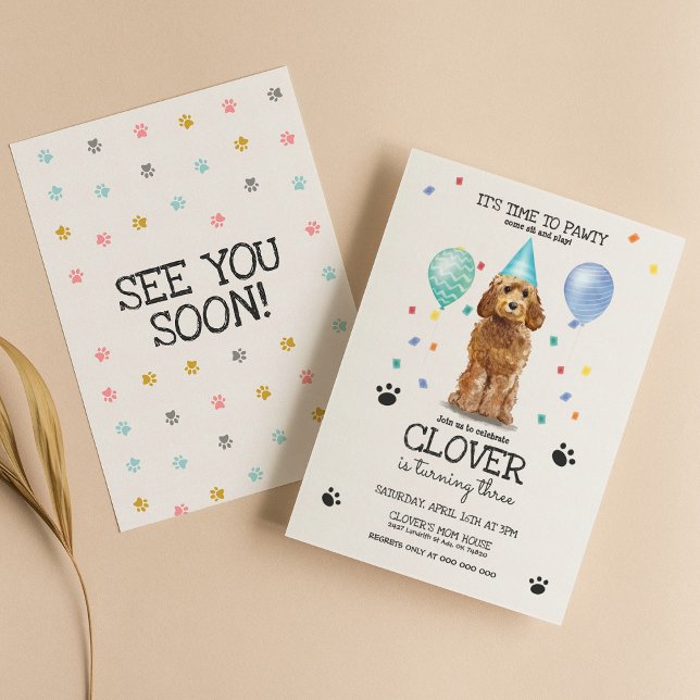 Goldendoodle Pawty Dog Puppy Birthday Invitation (Creator Uploaded)