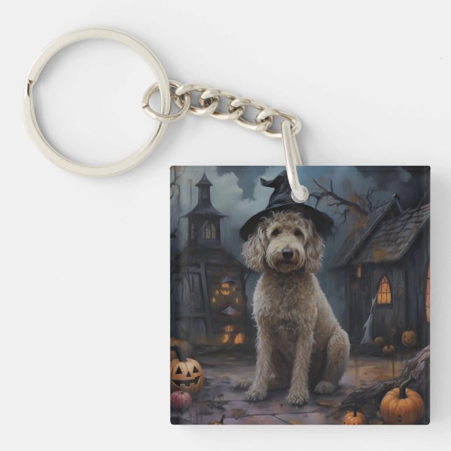 Goldendoodle Pumpkins Halloween Scary Keychain (Front)