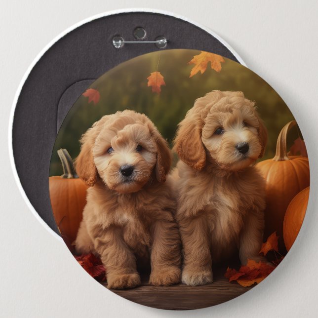 Goldendoodle Puppy Autumn Delight Pumpkin  6 Inch Round Button (Front & Back)