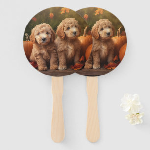 Goldendoodle Puppy Autumn Delight Pumpkin  Hand Fan