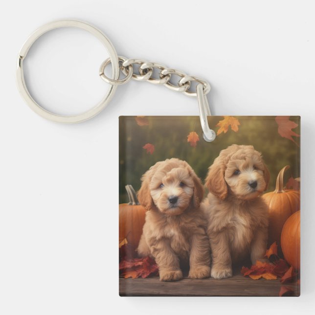 Goldendoodle Puppy Autumn Delight Pumpkin  Keychain (Front)