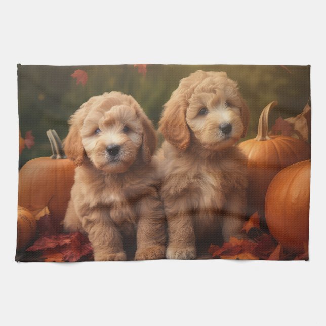 Goldendoodle Puppy Autumn Delight Pumpkin  Kitchen Towel (Horizontal)