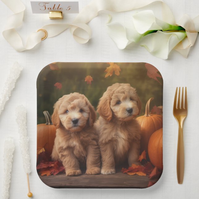 Goldendoodle Puppy Autumn Delight Pumpkin  Paper Plate (Wedding)