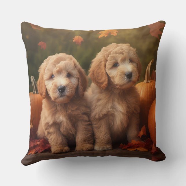 Goldendoodle Puppy Autumn Delight Pumpkin  Throw Pillow (Back)
