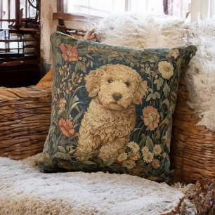 Goldendoodle Puppy in William Morris Style Garden Throw Pillow