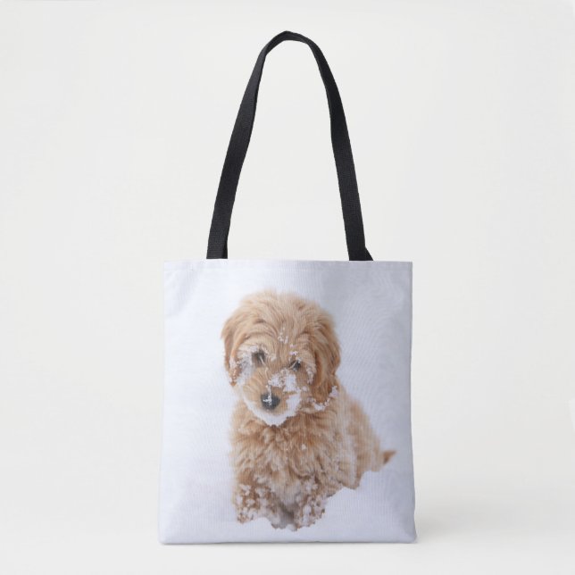 Goldendoodle Puppy With Snow On Face Tote Bag (Front)
